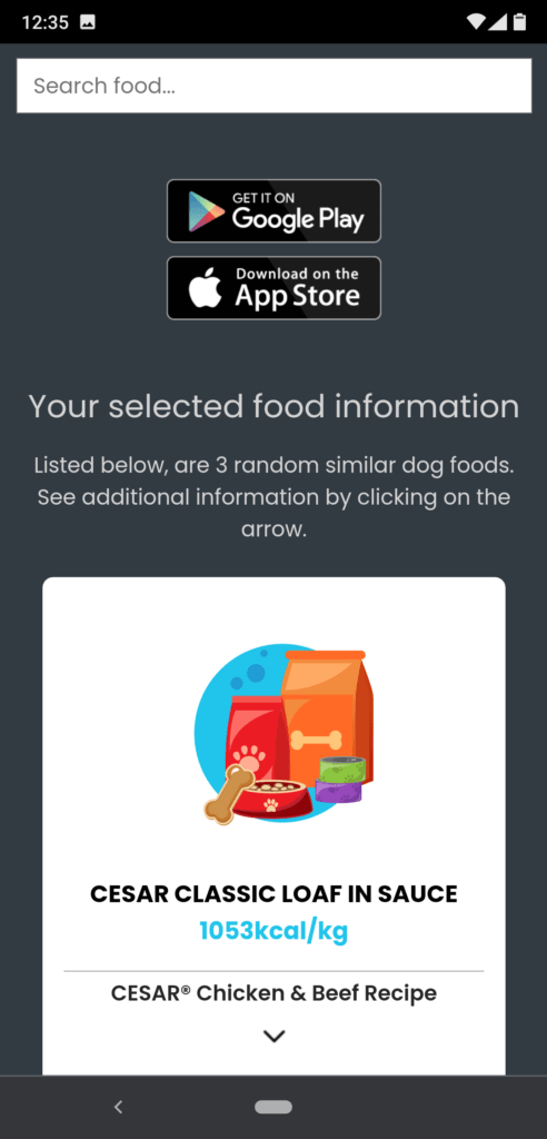 Pawsm food similarity tool - selected food